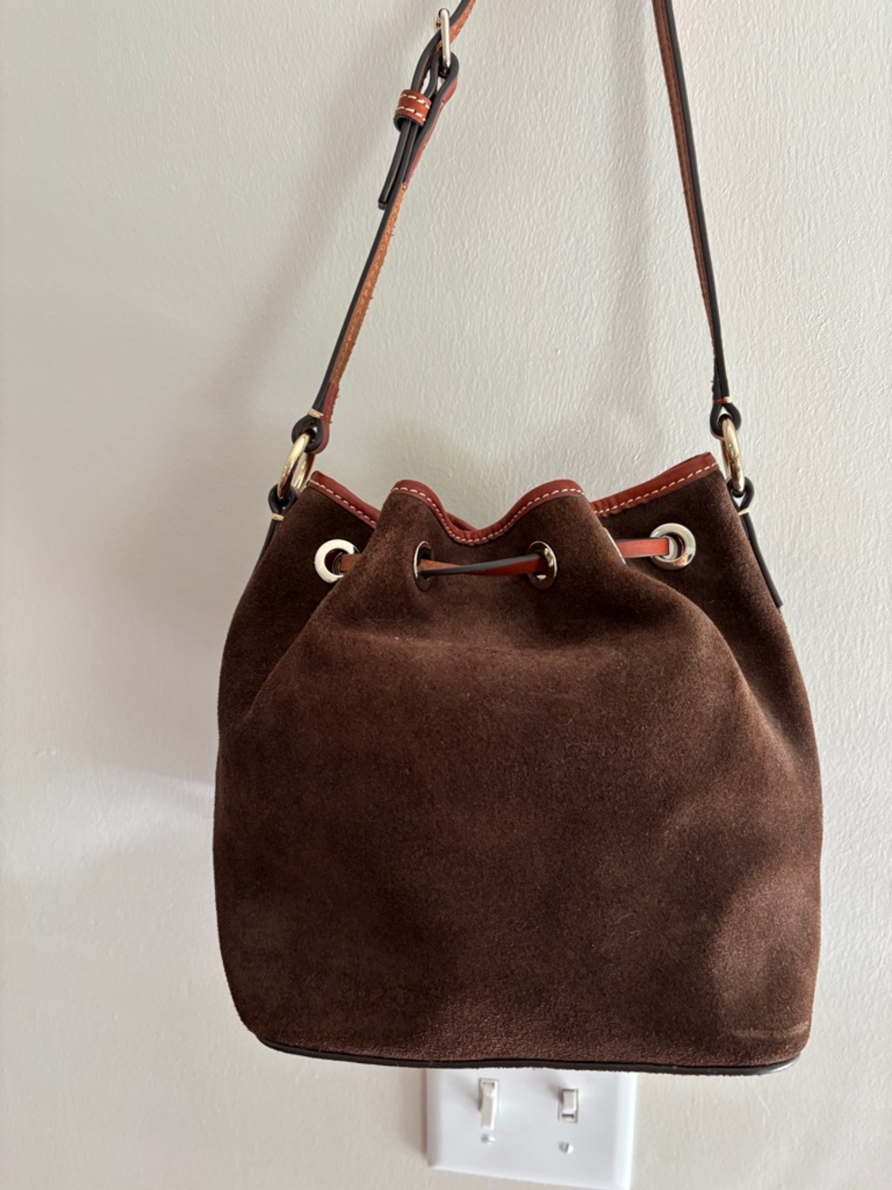 Dooney & Bourke Brown Suede Drawstring Hobo with Leather Trim - Picture 2 of 11